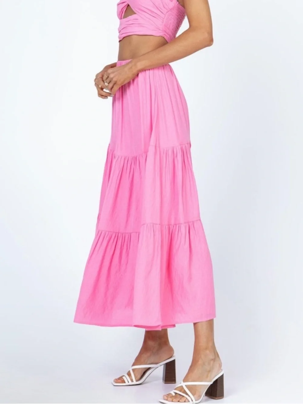 Princess Polly Allie Pink Tiered Ruffled Maxi Midi‎ Skirt